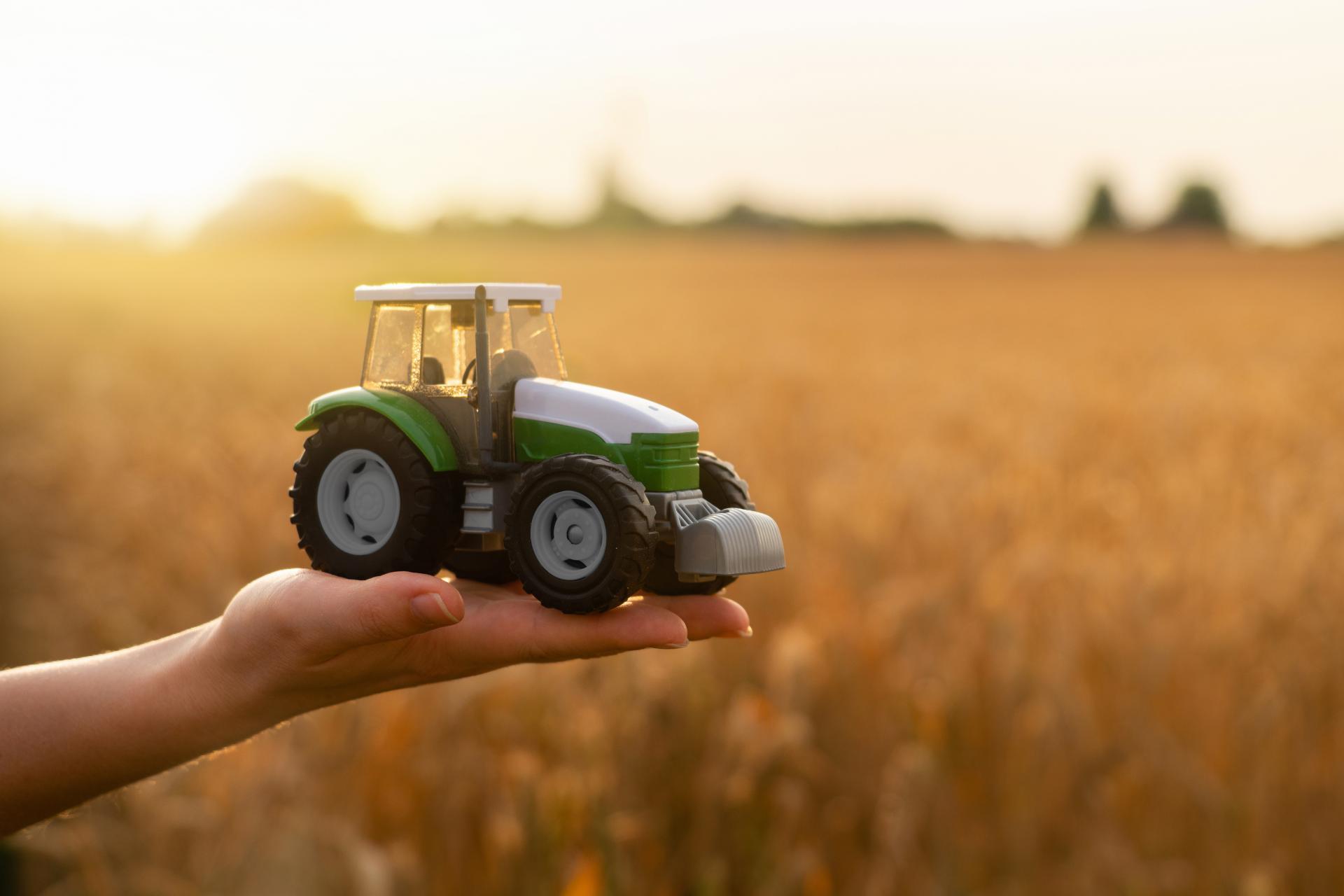 Jouet tracteur dans une main avec champ de blé en arrière plan